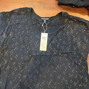 NWT Eileen Fisher Black Chevron Silk Hand-Beaded Scoop Neck/Blouse $298 Sm/Pet